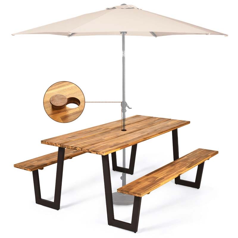 70" Patented Picnic Table Bench Set with Umbrella Hole, Acacia Wood Outdoor Dining Table Bench Set