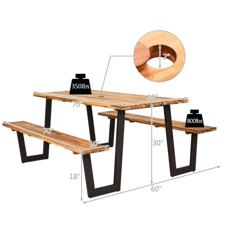 70" Patented Picnic Table Bench Set with Umbrella Hole, Acacia Wood Outdoor Dining Table Bench Set