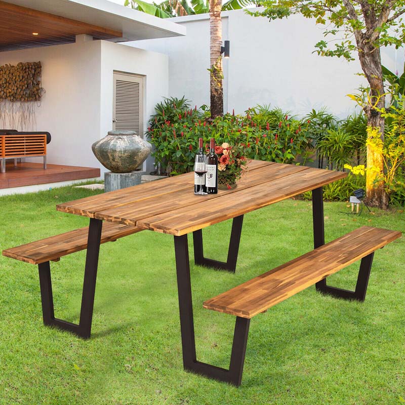 70" Patented Picnic Table Bench Set with Umbrella Hole, Acacia Wood Outdoor Dining Table Bench Set