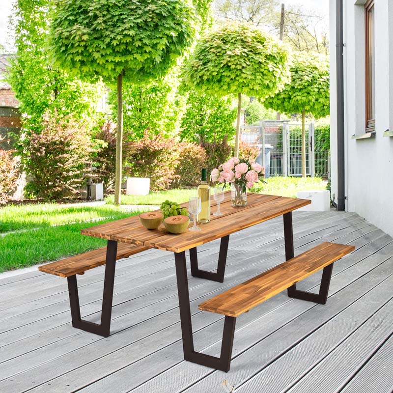 70" Patented Picnic Table Bench Set with Umbrella Hole, Acacia Wood Outdoor Dining Table Bench Set