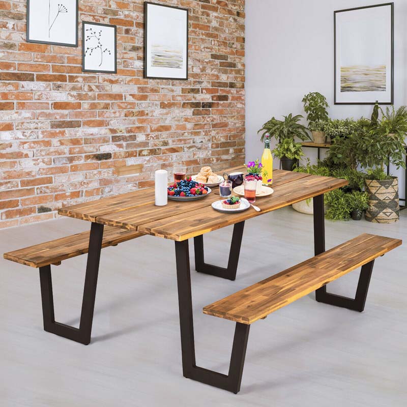 70" Patented Picnic Table Bench Set with Umbrella Hole, Acacia Wood Outdoor Dining Table Bench Set