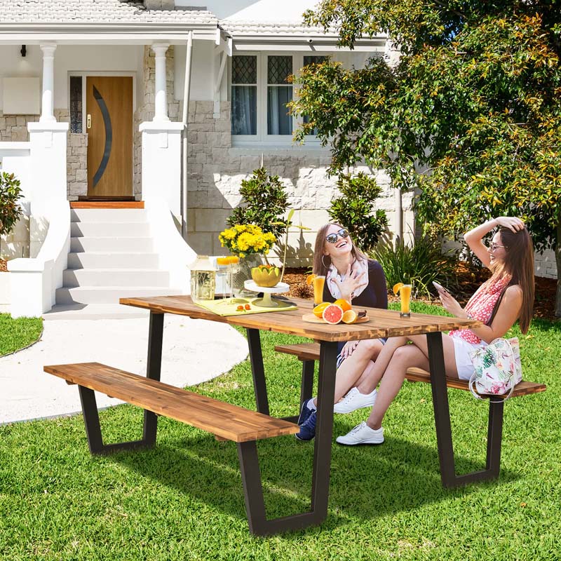 70" Patented Picnic Table Bench Set with Umbrella Hole, Acacia Wood Outdoor Dining Table Bench Set