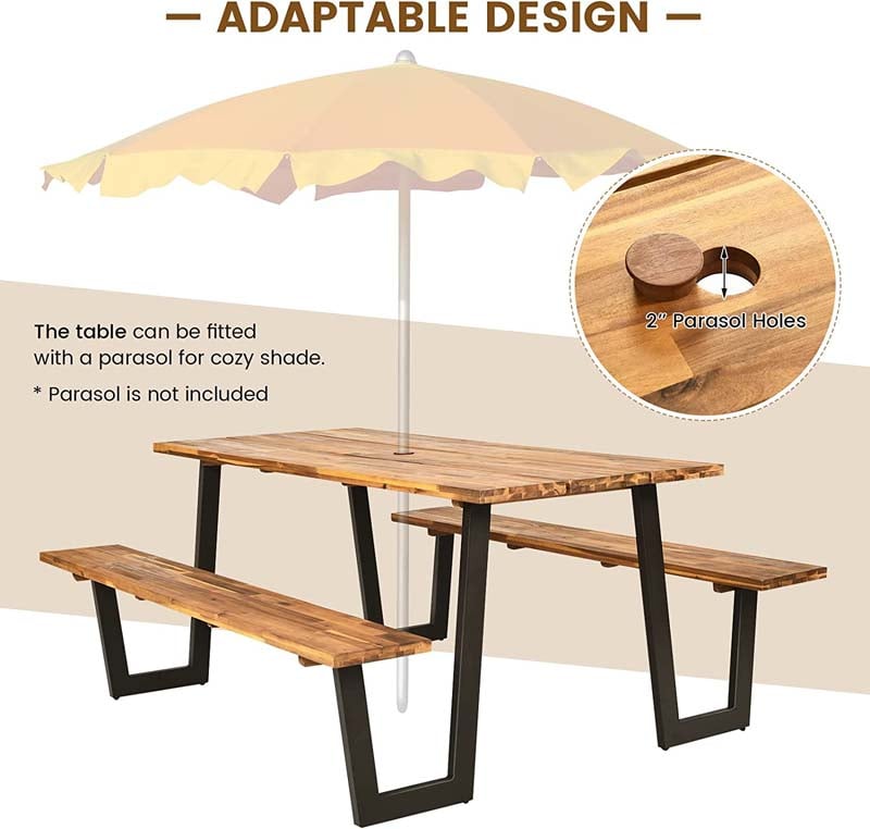 70" Patented Picnic Table Bench Set with Umbrella Hole, Acacia Wood Outdoor Dining Table Bench Set