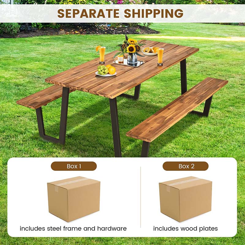 70" Patented Picnic Table Bench Set with Umbrella Hole, Acacia Wood Outdoor Dining Table Bench Set