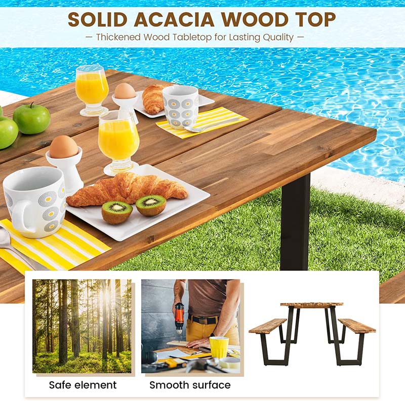 70" Patented Picnic Table Bench Set with Umbrella Hole, Acacia Wood Outdoor Dining Table Bench Set
