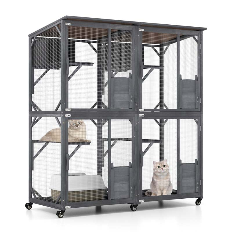 72" Tall Large Wooden Cat House on Wheels with 2 Resting Box, 4 Platforms, Catio Outdoor Cat Enclosure Kitty Cat Kennel Condo Cage Playpen