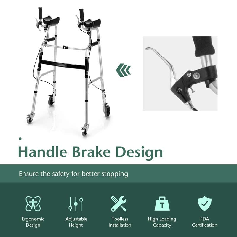 Foldable Standard Walker with 5" Wheels & Padded Armrest, Height Adjustable Walking Mobility Aid for Seniors