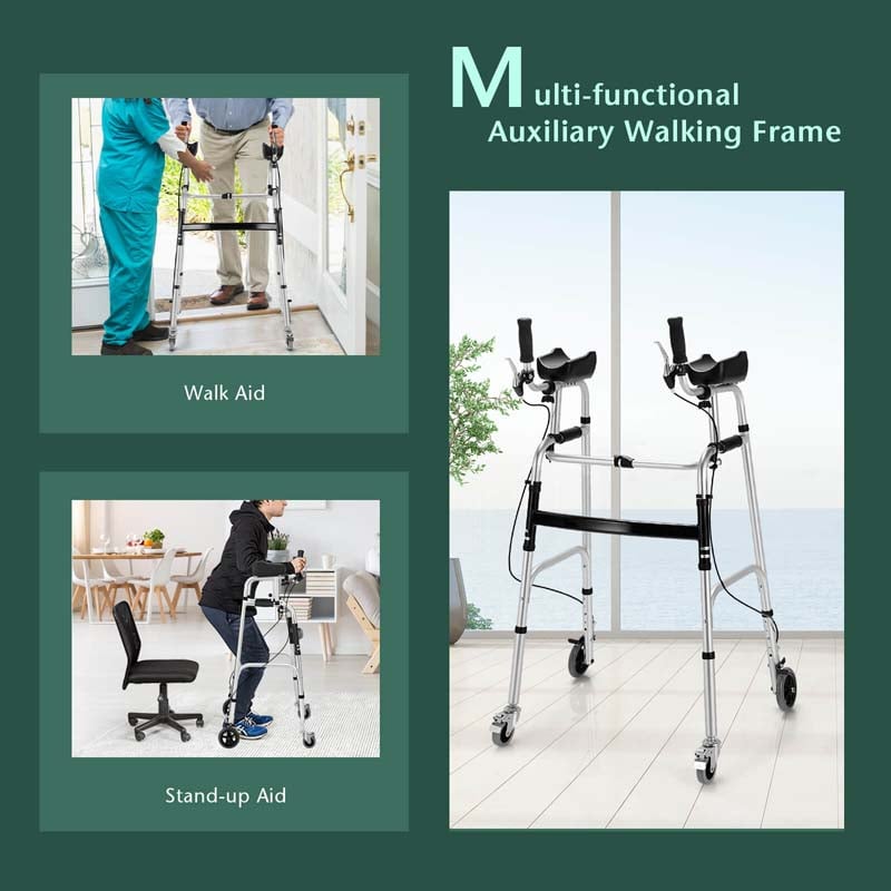 Foldable Standard Walker with 5" Wheels & Padded Armrest, Height Adjustable Walking Mobility Aid for Seniors