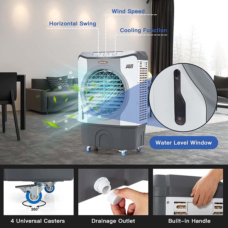 9740 CFM Portable Industrial Evaporative Cooler 4-in-1 Air Cooling Fan Humidifier Purifer with 45L Water Tank