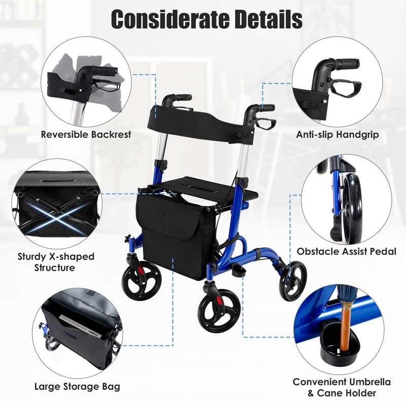 2 in 1 Folding Rollator Walker with Seat & 8" Wheels, Medical Walker Rolling Chair Mobility Walking Aid