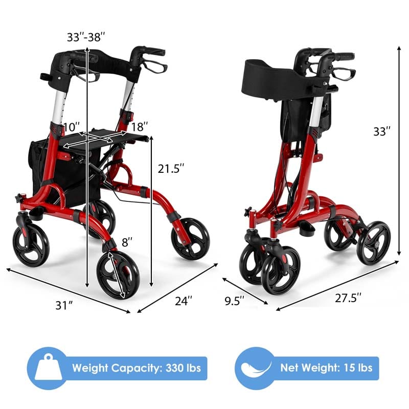 2 in 1 Folding Rollator Walker with Seat & 8" Wheels, Medical Walker Rolling Chair Mobility Walking Aid