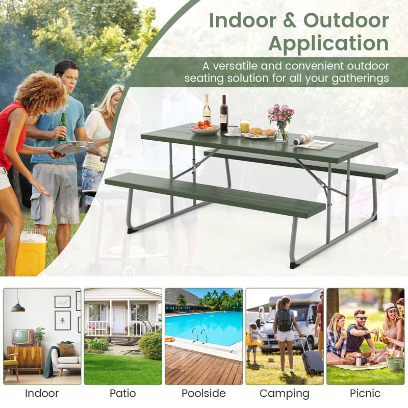 6 FT HDPE Folding Picnic Table Bench Set for 8 Person, Outdoor Large Picnic Table with Umbrella Hole & Metal Frame