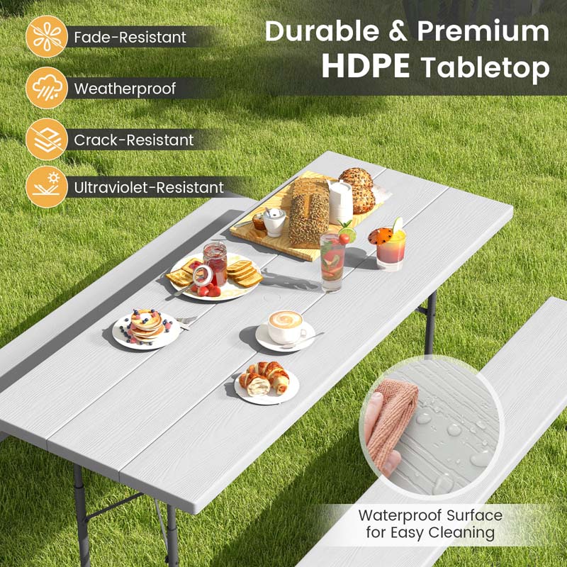 6 FT HDPE Folding Picnic Table Bench Set for 8 Person, Outdoor Large Picnic Table with Umbrella Hole & Metal Frame