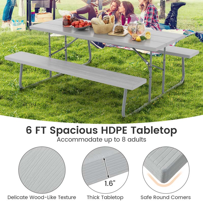 6 FT HDPE Folding Picnic Table Bench Set for 8 Person, Outdoor Large Picnic Table with Umbrella Hole & Metal Frame