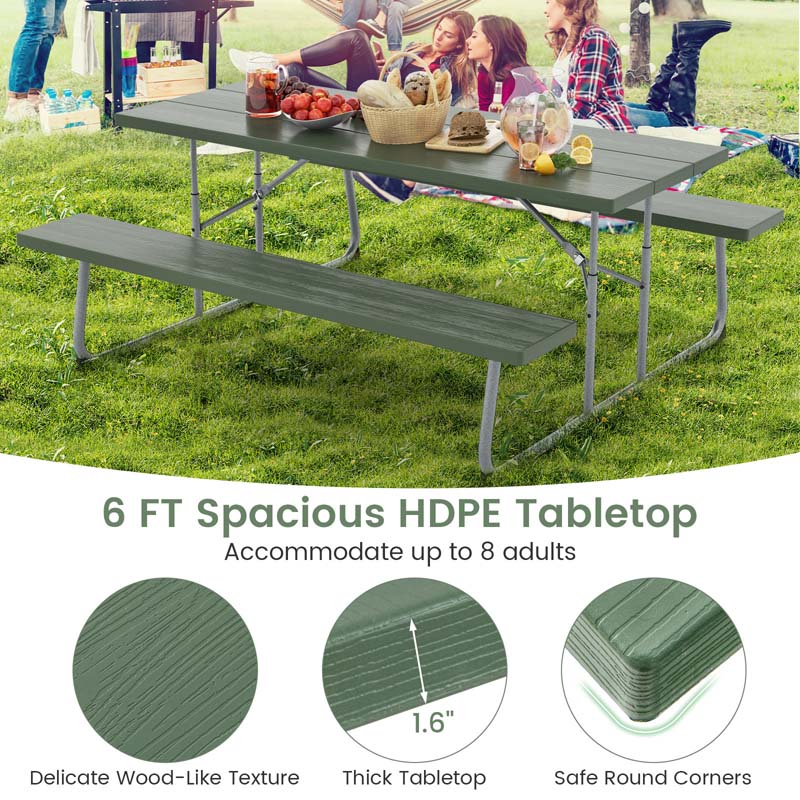 6 FT HDPE Folding Picnic Table Bench Set for 8 Person, Outdoor Large Picnic Table with Umbrella Hole & Metal Frame