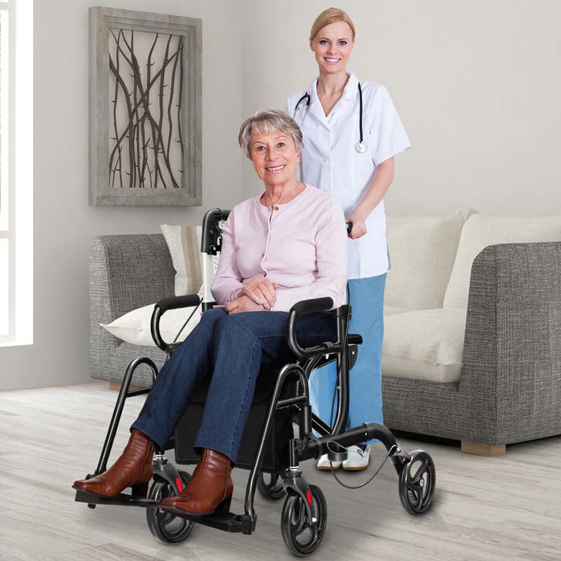 2 in 1 Folding Rollator Walker with Seat & Bag, Aluminum Medical Walker Rolling Transport Chair Mobility Walking Aid