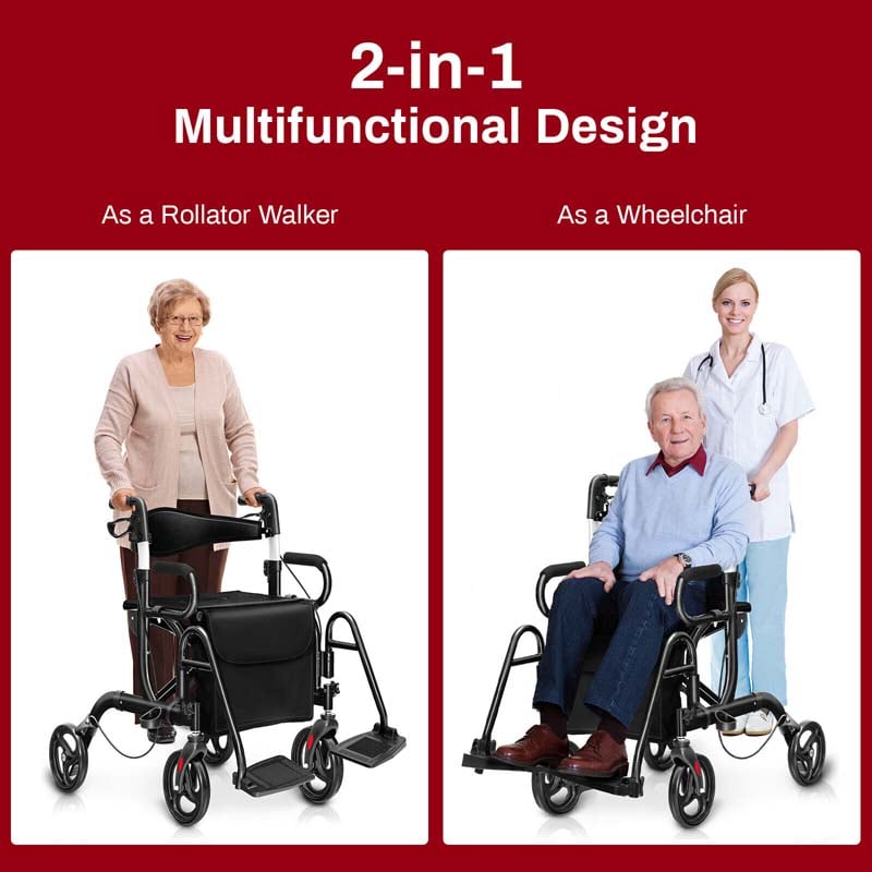 2 in 1 Folding Rollator Walker with Seat & Bag, Aluminum Medical Walker Rolling Transport Chair Mobility Walking Aid