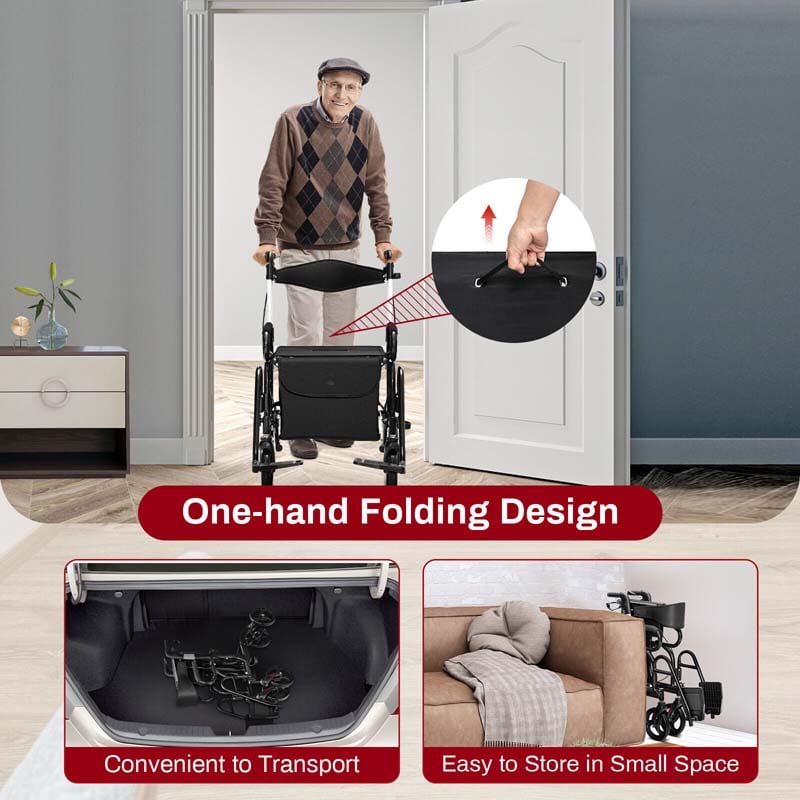2 in 1 Folding Rollator Walker with Seat & Bag, Aluminum Medical Walker Rolling Transport Chair Mobility Walking Aid