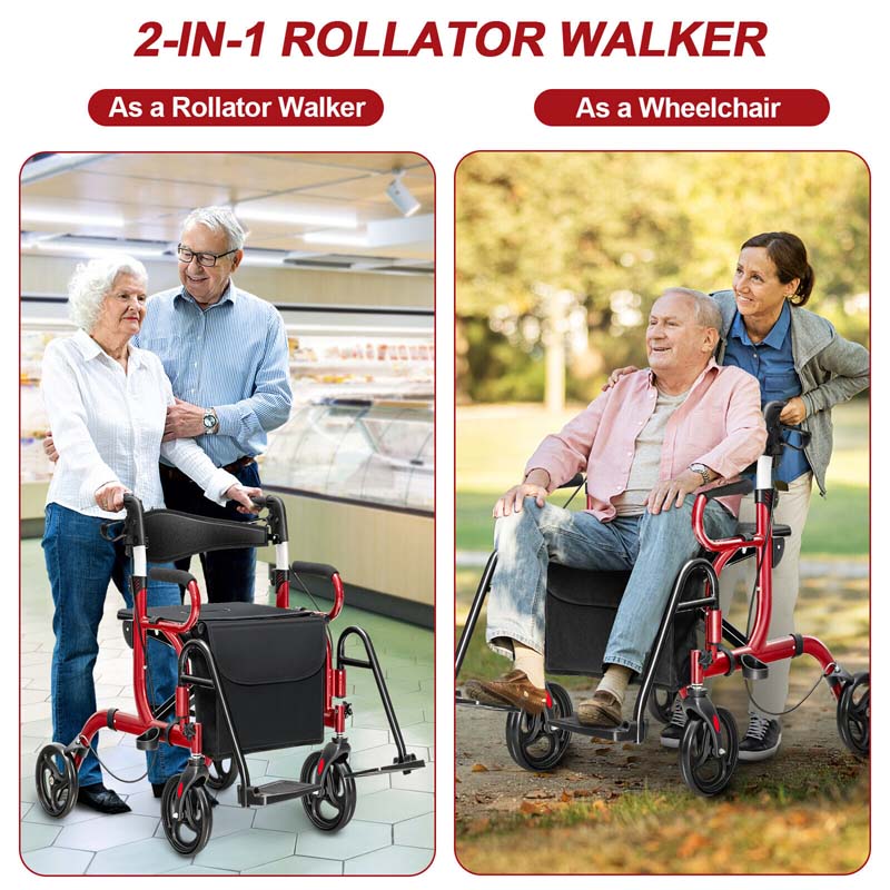 2 in 1 Folding Rollator Walker with Seat & Bag, Aluminum Medical Walker Rolling Transport Chair Mobility Walking Aid