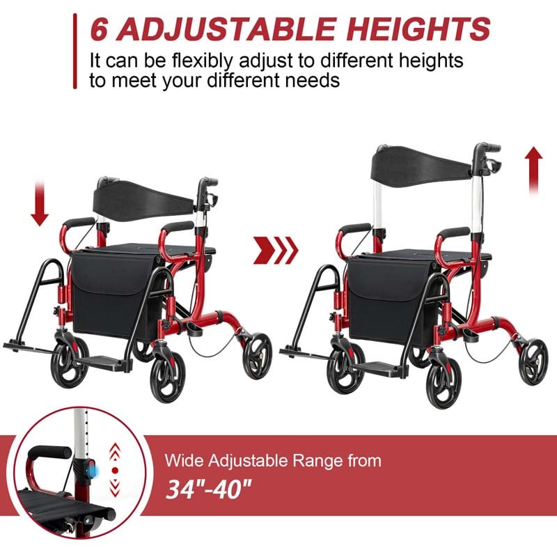 2 in 1 Folding Rollator Walker with Seat & Bag, Aluminum Medical Walker Rolling Transport Chair Mobility Walking Aid