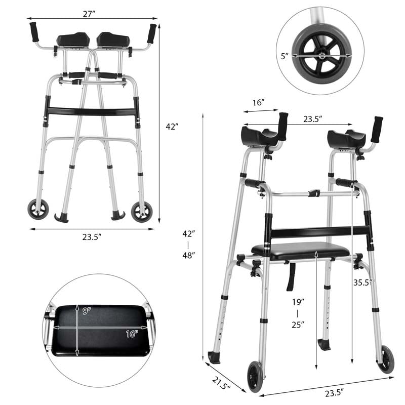 Folding Standard Rollator Walker with Seat & Armrest Pad, Lightweight Standing & Walking Mobility Aid