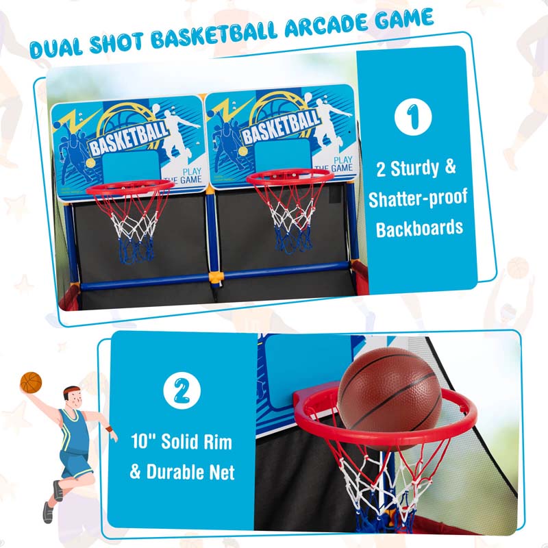 Kids Basketball Arcade Game Toy Set, Dual Shot Basketball Game for 2 Players with 4 Balls & Inflation Pump