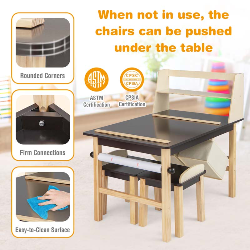 Kids Art Table and Chair Set with Paper Roll, 2 Storage Bins, Kids Activity Play Table Set Wooden Drawing Painting Craft Center