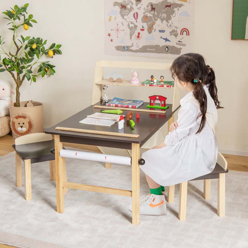Kids Art Table and Chair Set with Paper Roll, 2 Storage Bins, Kids Activity Play Table Set Wooden Drawing Painting Craft Center