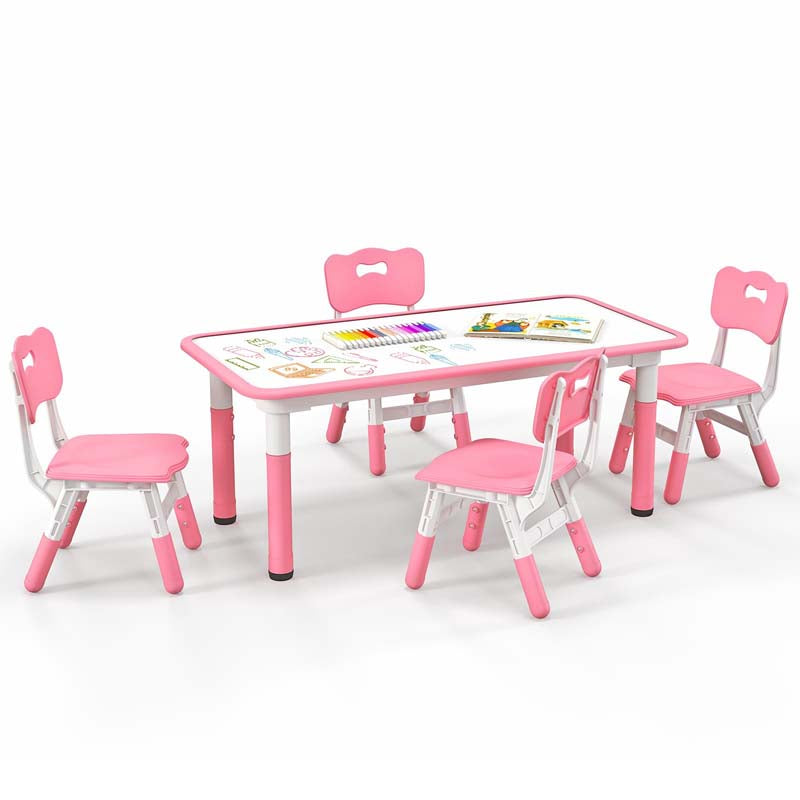 Height Adjustable Kids Table and Chairs Set of 4, Children Play Table with Graffiti Desktop, Toddler Art Study Multi-Activity Table Set for Daycare Playroom