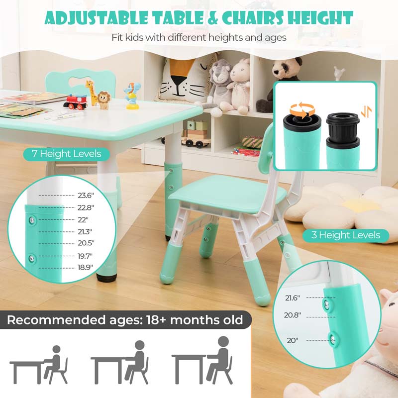 Height Adjustable Kids Table and Chairs Set of 4, Children Play Table with Graffiti Desktop, Toddler Art Study Multi-Activity Table Set for Daycare Playroom