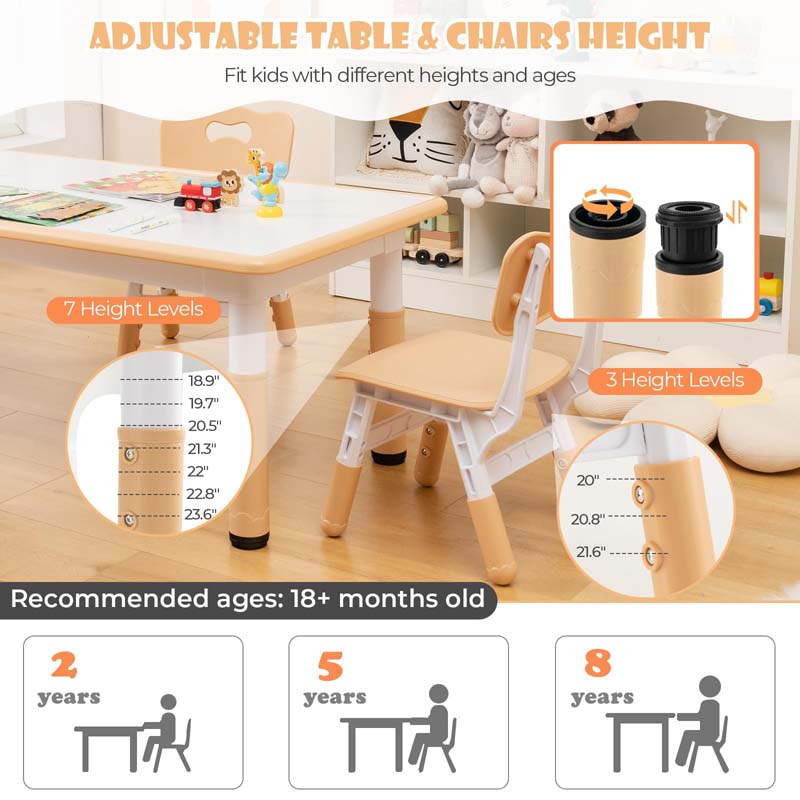 Height Adjustable Kids Table and Chairs Set of 4, Children Play Table with Graffiti Desktop, Toddler Art Study Multi-Activity Table Set for Daycare Playroom