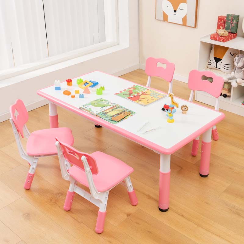 Height Adjustable Kids Table and Chairs Set of 4, Children Play Table with Graffiti Desktop, Toddler Art Study Multi-Activity Table Set for Daycare Playroom