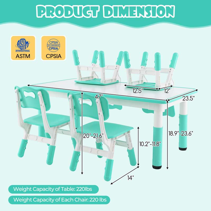 Height Adjustable Kids Table and Chairs Set of 4, Children Play Table with Graffiti Desktop, Toddler Art Study Multi-Activity Table Set for Daycare Playroom