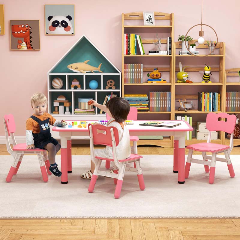 Height Adjustable Kids Table and Chairs Set of 4, Children Play Table with Graffiti Desktop, Toddler Art Study Multi-Activity Table Set for Daycare Playroom