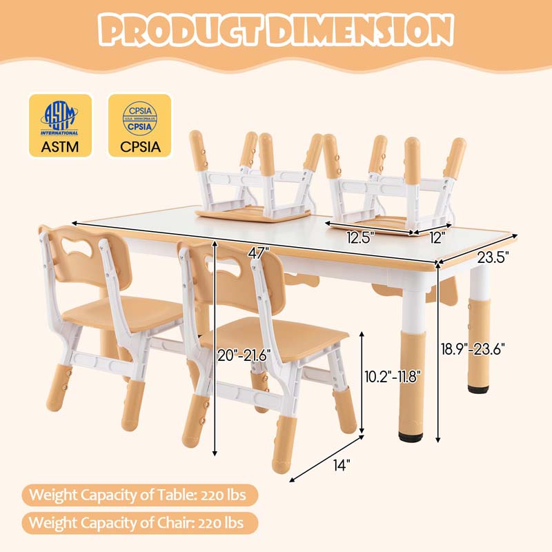 Height Adjustable Kids Table and Chairs Set of 4, Children Play Table with Graffiti Desktop, Toddler Art Study Multi-Activity Table Set for Daycare Playroom