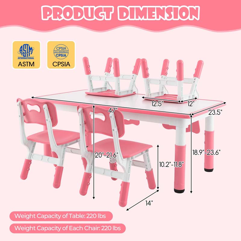 Height Adjustable Kids Table and Chairs Set of 4, Children Play Table with Graffiti Desktop, Toddler Art Study Multi-Activity Table Set for Daycare Playroom
