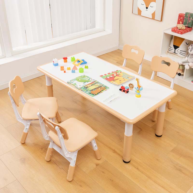 Height Adjustable Kids Table and Chairs Set of 4, Children Play Table with Graffiti Desktop, Toddler Art Study Multi-Activity Table Set for Daycare Playroom
