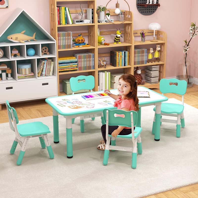 Height Adjustable Kids Table and Chairs Set of 4, Children Play Table with Graffiti Desktop, Toddler Art Study Multi-Activity Table Set for Daycare Playroom