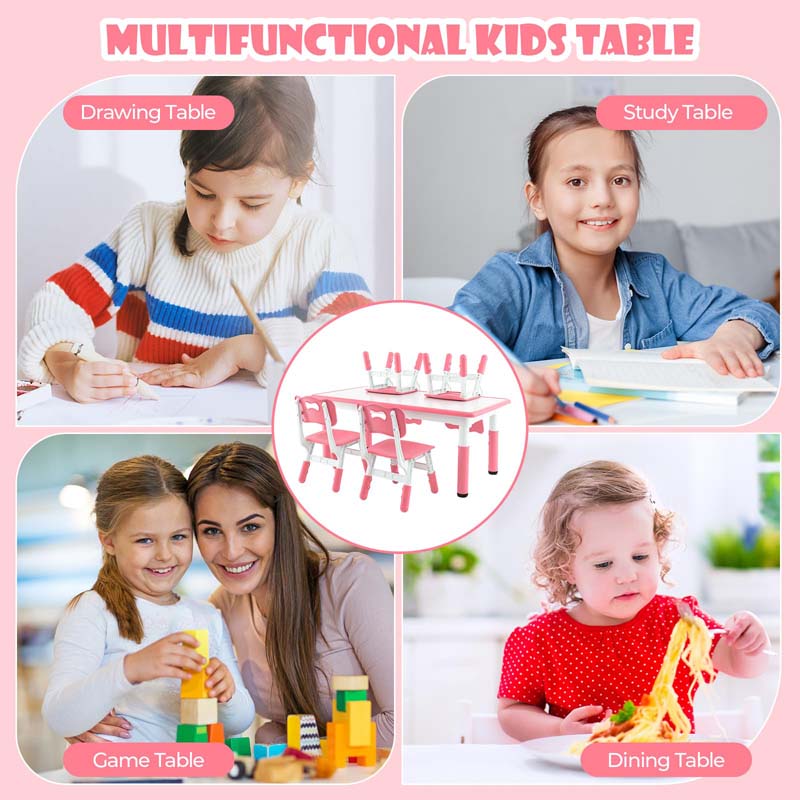 Height Adjustable Kids Table and Chairs Set of 4, Children Play Table with Graffiti Desktop, Toddler Art Study Multi-Activity Table Set for Daycare Playroom