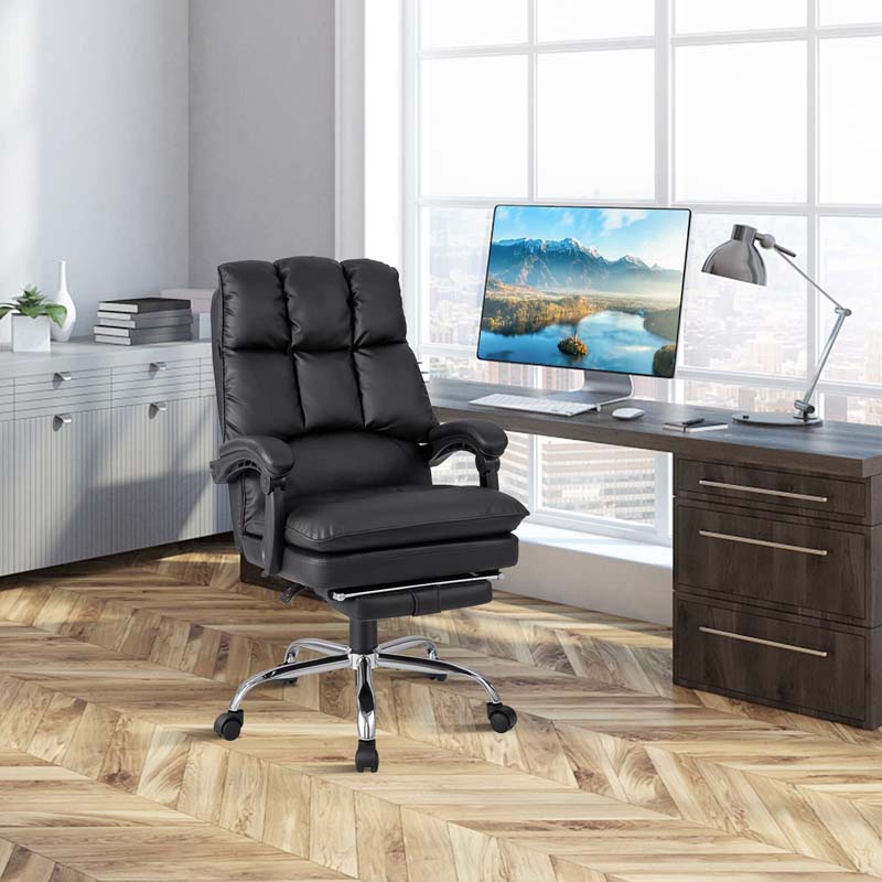 Adjustable Executive Office Reclining Chair with Retractable Footrest, 330 lbs PU Leather Swivel Computer Desk Chair for Office Home