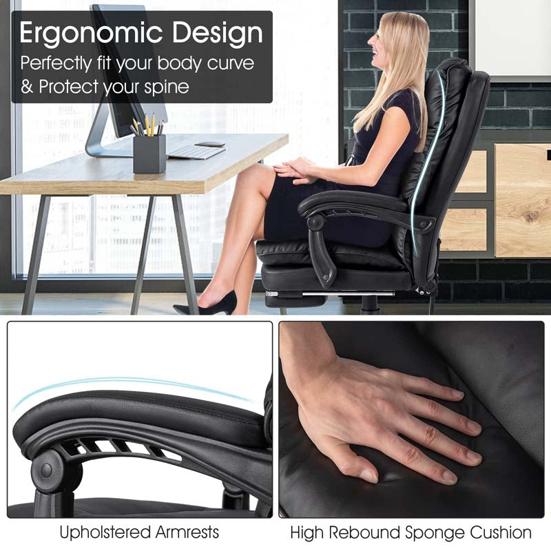 Adjustable Executive Office Reclining Chair with Retractable Footrest, 330 lbs PU Leather Swivel Computer Desk Chair for Office Home