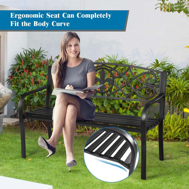 50" Weatherproof Outdoor Patio Bench with Pattern Backrest, Heavy-Duty Metal Park Bench for Garden Backyard Porch