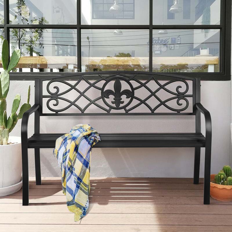 50" Weatherproof Outdoor Patio Bench with Pattern Backrest, Heavy-Duty Metal Park Bench for Garden Backyard Porch