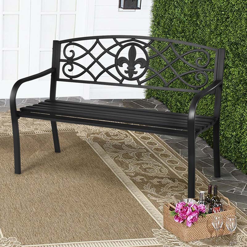 50" Weatherproof Outdoor Patio Bench with Pattern Backrest, Heavy-Duty Metal Park Bench for Garden Backyard Porch