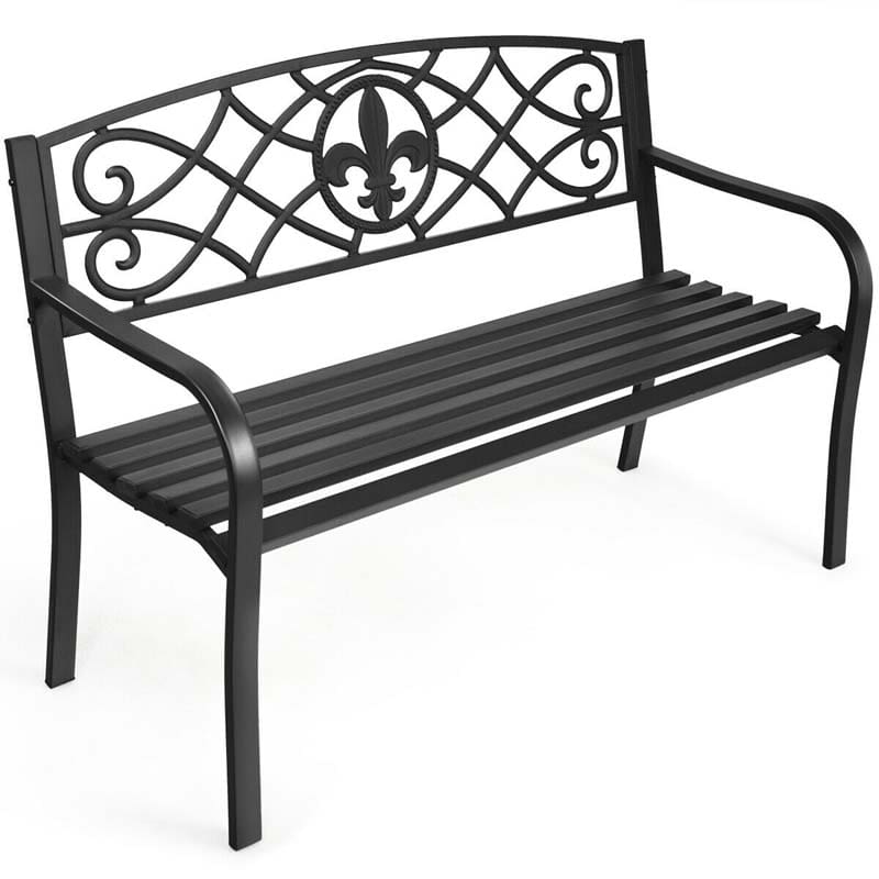 50" Weatherproof Outdoor Patio Bench with Pattern Backrest, Heavy-Duty Metal Park Bench for Garden Backyard Porch