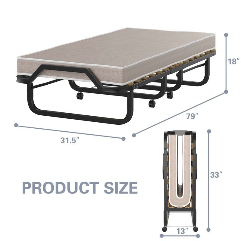 Rollaway Bed with 4 Inch Mattress for Adults, Portable Folding Guest Bed Sleeper Bed Cot on Wheels for Home Office, Made in Italy