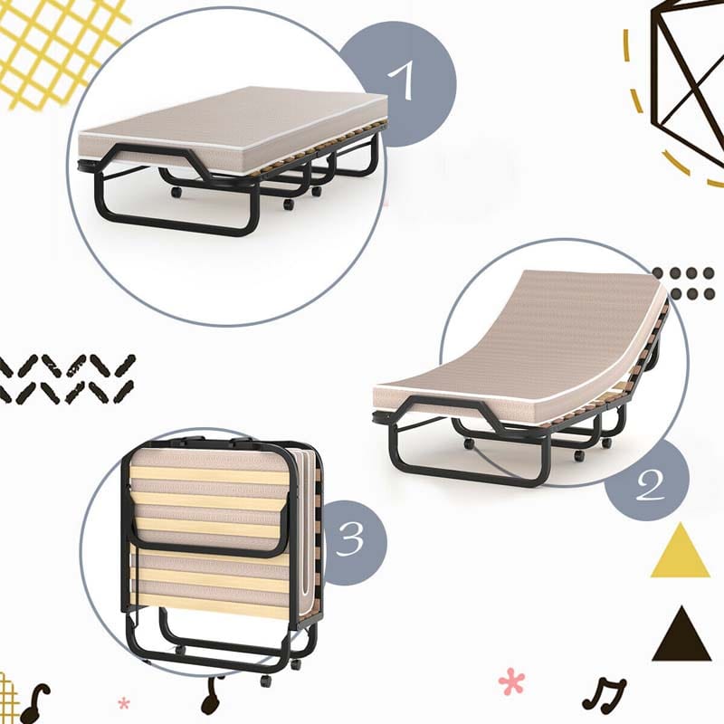 Rollaway Bed with 4 Inch Mattress for Adults, Portable Folding Guest Bed Sleeper Bed Cot on Wheels for Home Office, Made in Italy