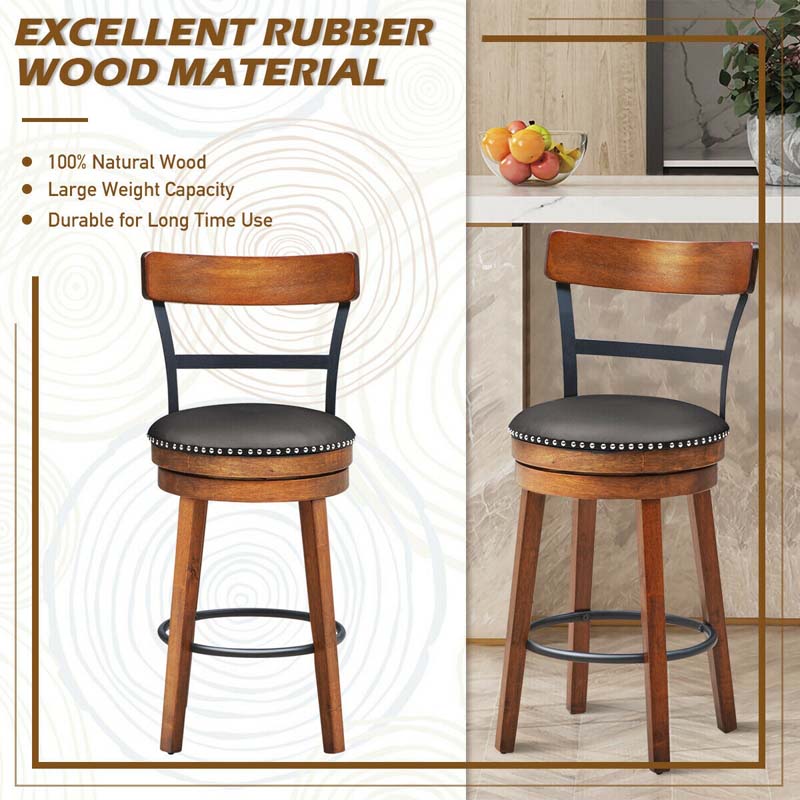 2-Pack 25.5" Wooden Swivel Bar Stools Counter Height Pub Kitchen Dining Chairs with Leather Padded Seat