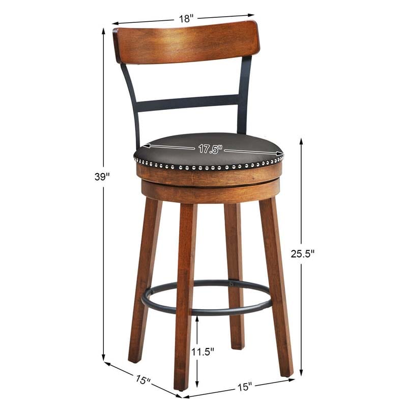 2-Pack 25.5" Wooden Swivel Bar Stools Counter Height Pub Kitchen Dining Chairs with Leather Padded Seat