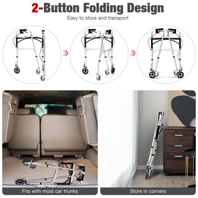 4-in-1 Rolling Walker for Seniors, Folding Stand Up Walker with 5" Wheels, Height Adjustable Medical Walking Mobility Aid